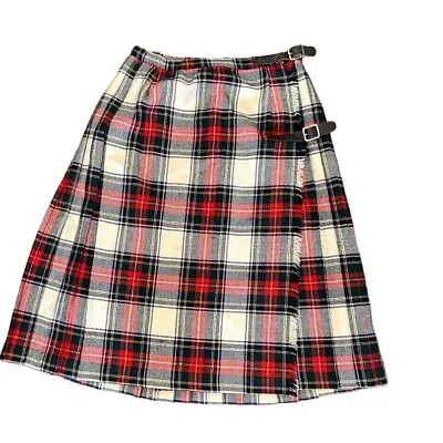 Vtg 60s 70s Pure Wool Wrap Kilt Skirt Red Tartan Plaid Fringed Mosbrook 26” • $49.99