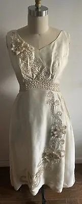 Vintage Ivory Satin Wedding Dress Three Dimensional Sequin Flowers Dry Cleaned • $146.96