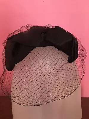 Vintage Ladies Black Satin Bow Half Hat - Headband W/ Netting -Veil • $19.95
