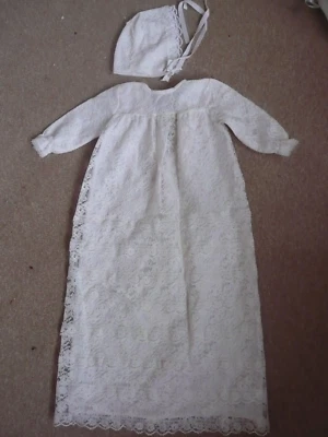 £6.99 • Buy Vintage White Lace Christening Gown And Hat 0/6 Months