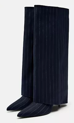 Zara NWT Women's Navy Blue Pinstripe Fabric Knee High Heeled Boots US 10 EUR 41 • $79.99