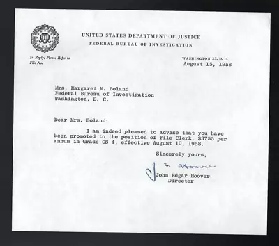 J. Edgar Hoover Signed Letter Dated 1958 Former FBI Director • $21.50