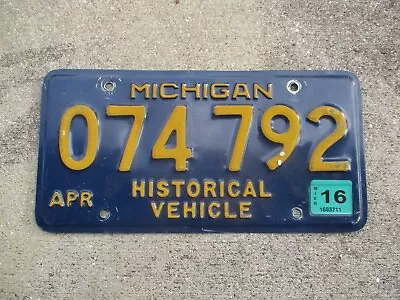 Michigan 2016 Historical Vehicle License Plate  # 074 792 • $17.60