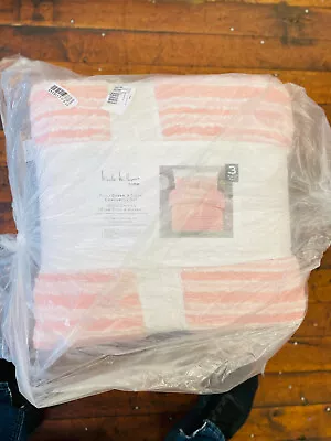 Nicole Miller Coral Pink Cotton Queen Textured Stripe Comforter Set New 3 Pieces • $260