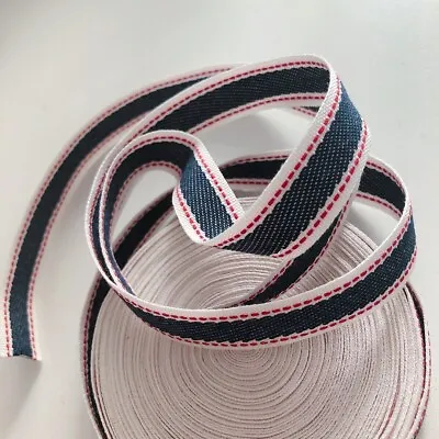 £1.85 • Buy Navy And Red Woven Striped Cotton Ribbon Shabby Chic Craft Making Width 15mm