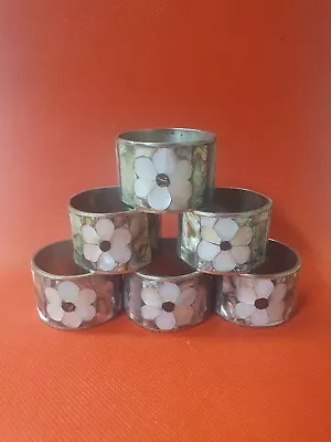 VINTAGE ABALONE Flowers MOTHER OF PEARL NAPKIN RING/ Set Of 6 Silver /Mexico  • $102