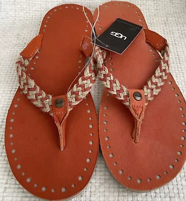 New UGG Womens Flip Flop Navie Thongs Braided Leather Beach Sandals Sz 7 • $44