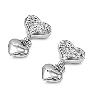 Micro Pave Heart Hanging Earrings Clear Simulated CZ .925 Sterling Silver • $19.29