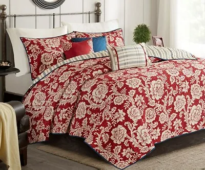 RED FLORAL 9 Pc Queen Comforter : COTTON FARMHOUSE COUNTRY BLUE TICKING STRIPE • $134.45