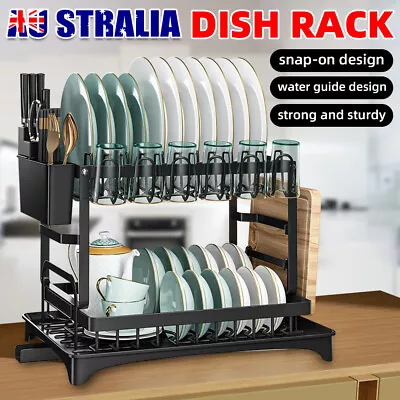2 Tier Dish Rack Drainer Plate Bowl Utensil Drying Tray Holder Kitchen Storage • $39.25