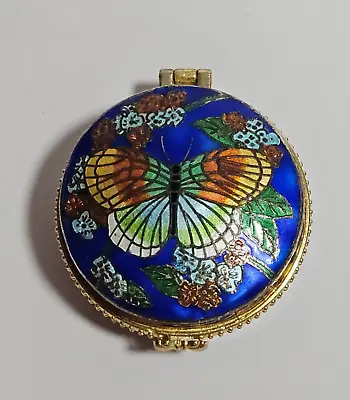 Vintage Round Blue Cloisonne Enamel Butterfly Floral Hinged Lid Pill Trinket Box • $12.49