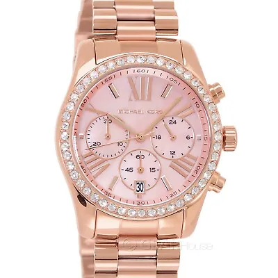 Michael Kors Womens Lexington Lux Glitz Watch Pink MOP Dial Crystals Rose Gold • $118.56