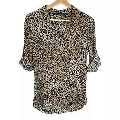 Zara Leopard Print Popover Tunic Top Roll Tab Sleeve Split Neck Shirt Blouse XS  • $9.99