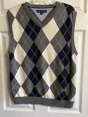 Tommy Hilfiger Sweater Vest Mens Pullover Gray Black Argyle Sleeveless Size L • $12.95