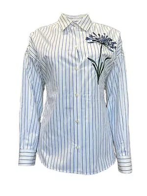 Max Mara Women's Ivory Antony Embroidered Striped Cotton Shirt Size 6 NWT • $88.20