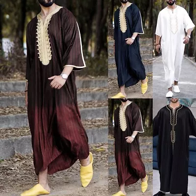 Mens Casual Jubba Kaftan Dishdash Thobe Saudi Arab Muslim Clothing Maxi Robe • $22.75