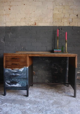 £1200 • Buy Vintage Writing Desk Hand Painted Art Upcycled Office ER Waves Severn Railway