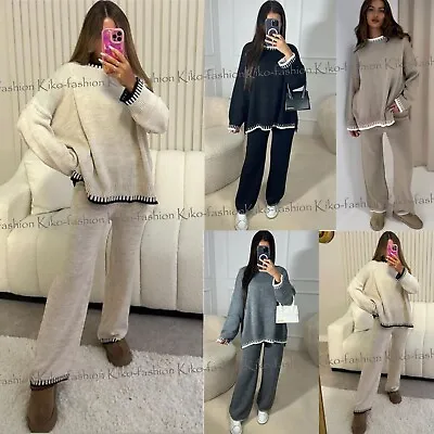 Womens Knitted Lounge Wear Ladies Wide Leg Palazzo Top Trousers Tracksuit Set • £24.90