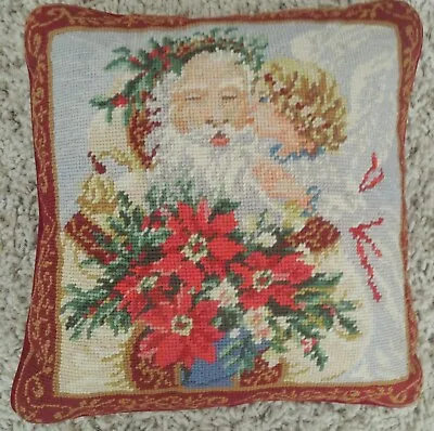 $18 • Buy Vintage Needlepoint Christmas Pillow ~ Santa Father Christmas & Child ~14  X 14 