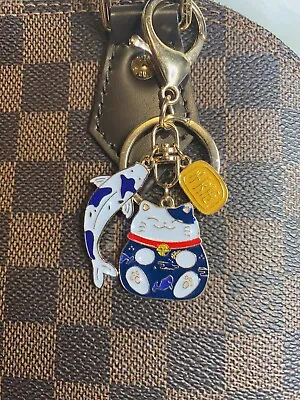 Japan Maneki Neko Lucky Cat Koi Fish Blue Keychain Bag Charm Cute Kawaii NEW • $12.99