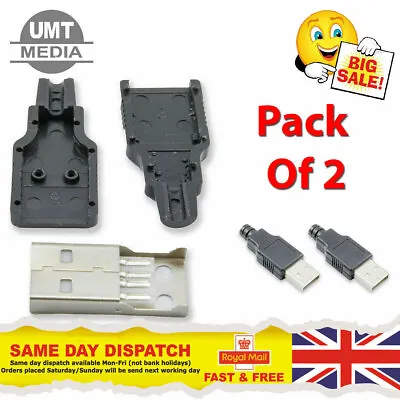 2 X USB Type A 4 Pin MALE Socket Kit Connector Plug Shell Solder Black DIY • £3.10
