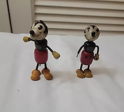 Two Vintage Antique 1930's Borgfeldt Fun-E-Flex Mickey Mouse Wooden Figurines • $120