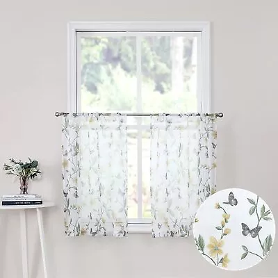 Short Sheer Floral Tier Curtains Flower Butterfly Printed 30W X 24L Yellow • $15.37