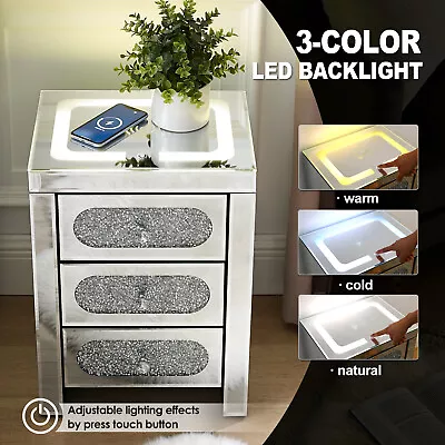 New Mirrored LED Lights Nightstand End Table W/3 DrawersCharging StationUSB • $179.99