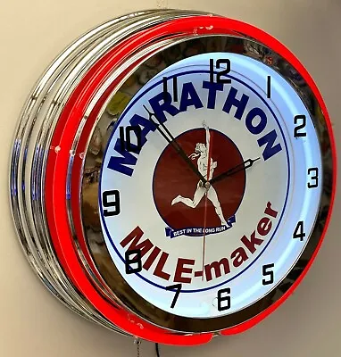 19  Marathon Mile Maker Gasoline Sign Double Red Neon Clock  • $290.63