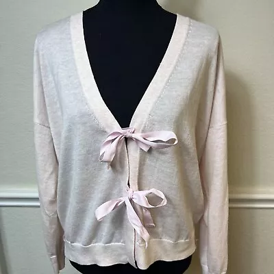 J Crew Womens Cardigan Sweater Large Pink Bow Front Casual Knit Preppy Wool Soft • $40