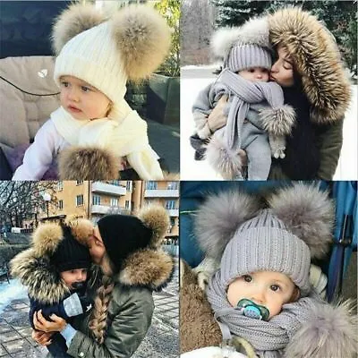 Newborn Kids Baby Boy Girl Double Fur Pom Hat Winter Warm Knit Bobble Beanie Cap • £5.89