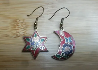 Vintage Cloisonné Enamel Moon Star Earrings. Red Rose   • $20