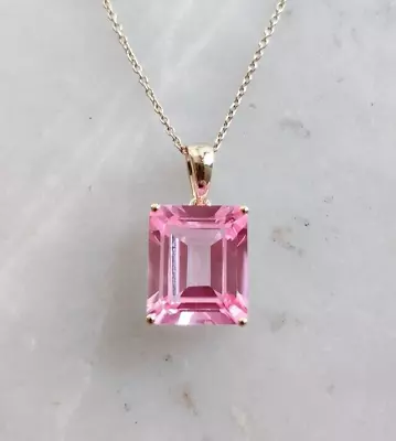 2Ct Emerald Cut Lab Created Pink Sapphire Women's Pendant 14K Yellow Gold Plated • $50.39