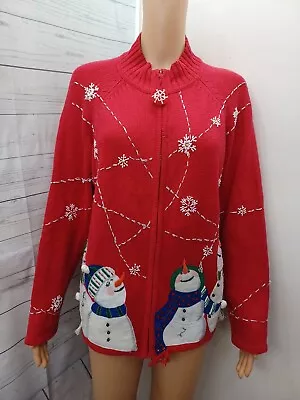 Vtg Christmas Sweater Women Cardigan Heirloom Collectibles Snowman Red M Beaded • $28.49