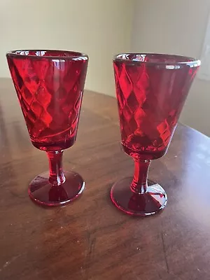 Vintage L. G. Wright Glass Ruby Diamond Quilted 4 3/4” Wine Glass Set Of 2 • $38.50