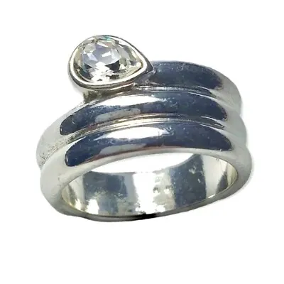 Silver Tone Band Wrapped Ring Size 6.75 Clear Drop Rhinestone Costume Jewelry • $9.84