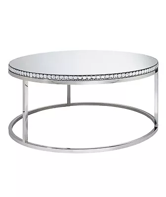 Round Silver Diamanté Detailing Marbella Glass Mirrored Coffee Table Metal Frame • £169.99