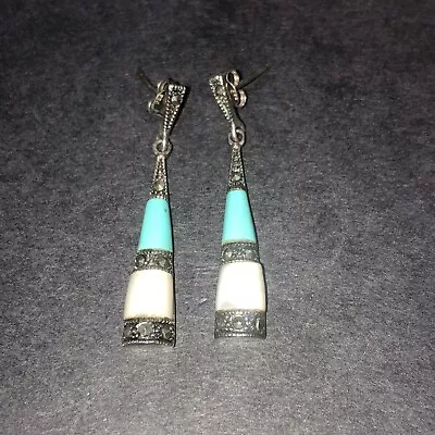 $5 • Buy STERLING SILVER .925 Lot Earring Pair F39 4g Mother Of Pearl Turquoise Marcasite