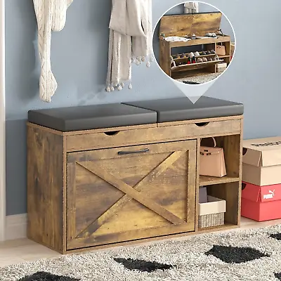 Vabches Shoe Storage Bench With Flip Drawer Entryway Large Rustic Brown  • $105.70