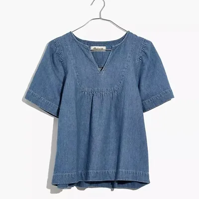 Madewell Denim Chambray Top Womens Size Small Blue Linen Blend Peasant Blouse • $10.10
