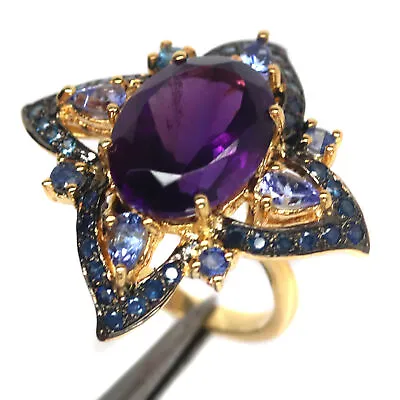 12 X 16 Mm. Purple Amethyst Tanzanite & Sapphire Ring 925 Silver Sterling • £477.46