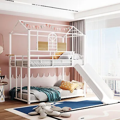 Twin Over Twin Metal Bunk Bed With Slide And Ladder House Bunk Bed With Roof • $326.99