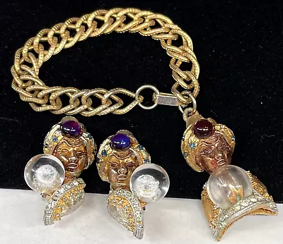 HAR Signed Set Bracelet Earring Rare Vintage Gilt Jeweled Genie Crystal Ball A20 • $789