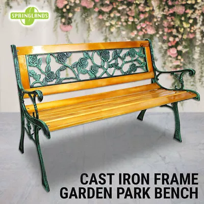 Garden Park Bench Cast Iron Hardwood Rose Outdoor Furniture Lounge Chair Seat • $84.96