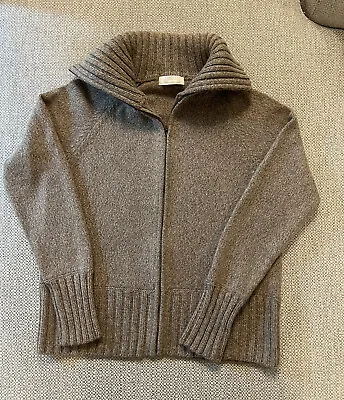 M&S UK 12-14 Funnel Neck Cardigan Brown Zip Up Cotton Cashmere Angora • £21.99