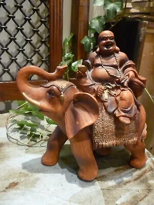 Chinese Laughing Buddha On Elephant Carving • £24.99