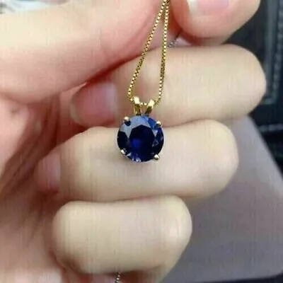 Round Lab-Created Blue Sapphire Diamond Women's Pendant 14K Yellow Gold Plated • $66.49