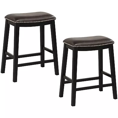 26  Solid Wood Saddle Stools Set Of 2 Barstools W/ Footrests & PVC Faux Leather • $94.99