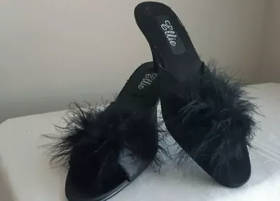 ELLIE NIGHT MAGIC Phoebe Satin Marabou Slipper - Faux Fur Slides Mules Goth Sz 6 • $22.07