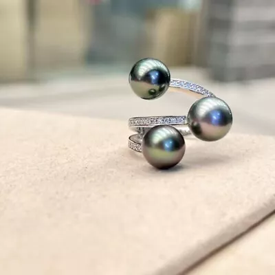 Elegant  7-8mm Tahitian Round Black Green Pearl Ring 925s(sp) • $121.44